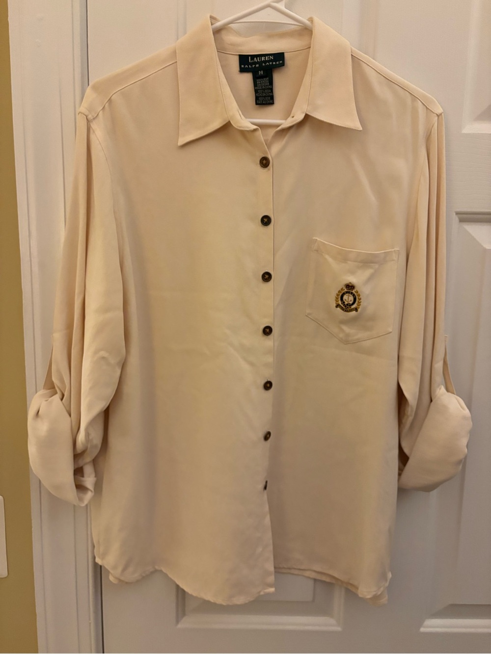 Lauren Ralph Lauren Cream Button-Down Shirt with Embroidered Crest 100% Silk 14
